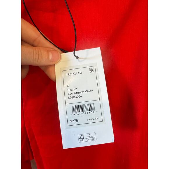 THEORY NWT Treeca 'Good Linen' Pull-On Pants Scarlet Red Eco Crunch Wash Office - Picture 4 of 12